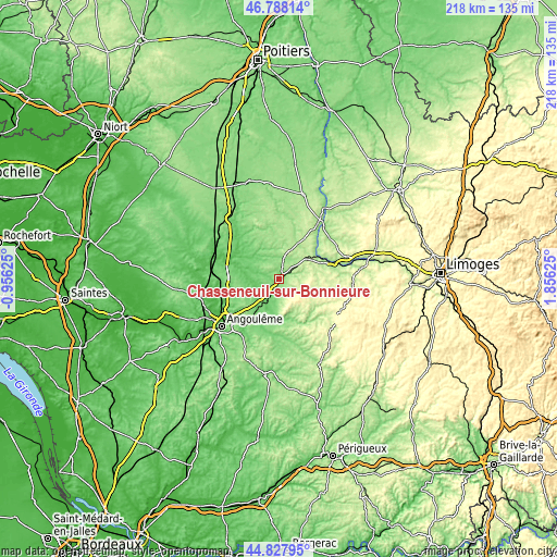 Topographic map of Chasseneuil-sur-Bonnieure