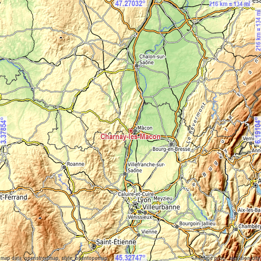 Topographic map of Charnay-lès-Mâcon