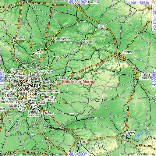 Topographic map of Charly-sur-Marne