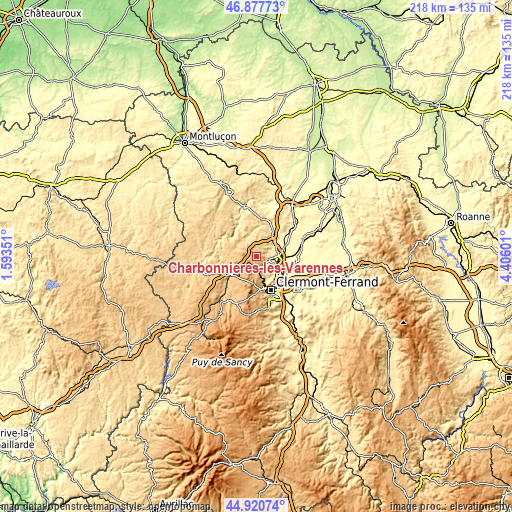 Topographic map of Charbonnières-les-Varennes