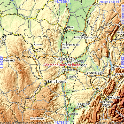 Topographic map of Charbonnières-les-Bains