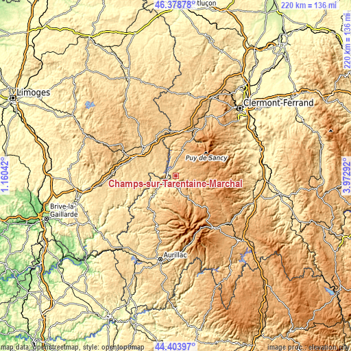 Topographic map of Champs-sur-Tarentaine-Marchal