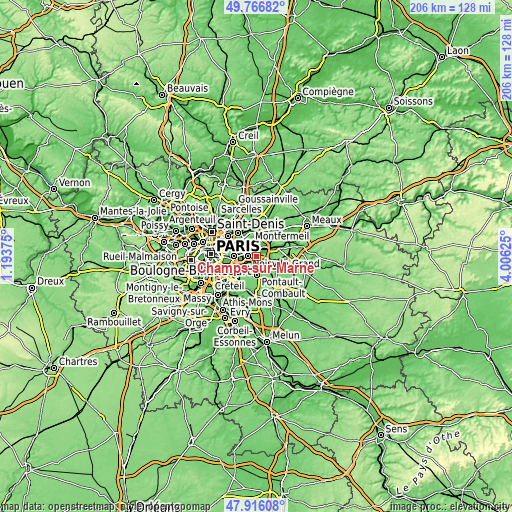 Topographic map of Champs-sur-Marne