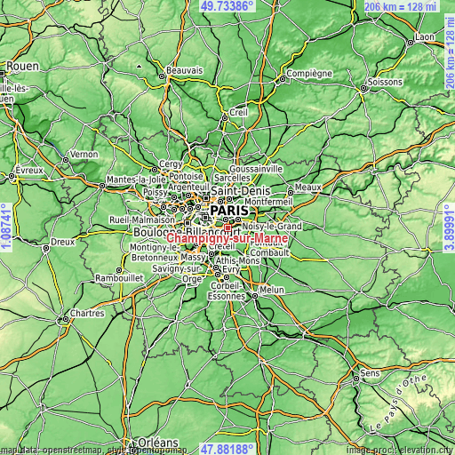 Topographic map of Champigny-sur-Marne