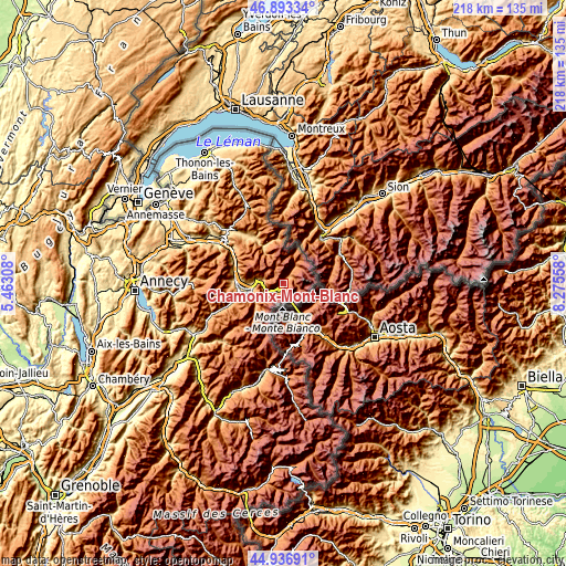 Topographic map of Chamonix-Mont-Blanc