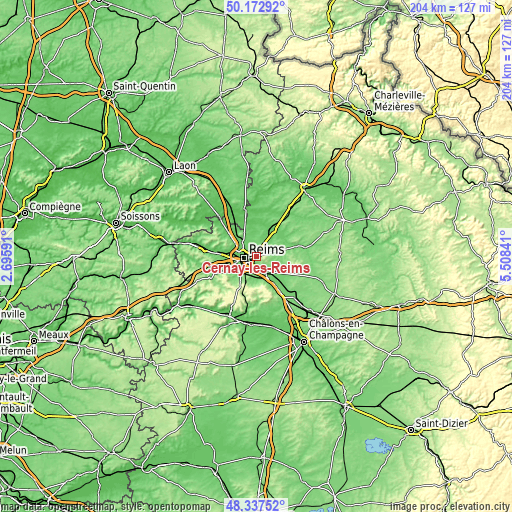 Topographic map of Cernay-lès-Reims