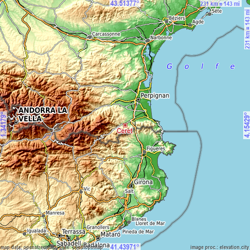 Topographic map of Ceret