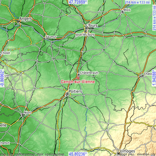 Topographic map of Cenon-sur-Vienne