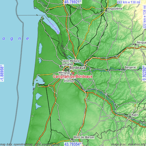 Topographic map of Carignan-de-Bordeaux