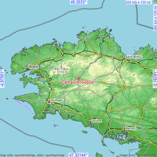 Topographic map of Carhaix-Plouguer