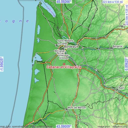 Topographic map of Cabanac-et-Villagrains