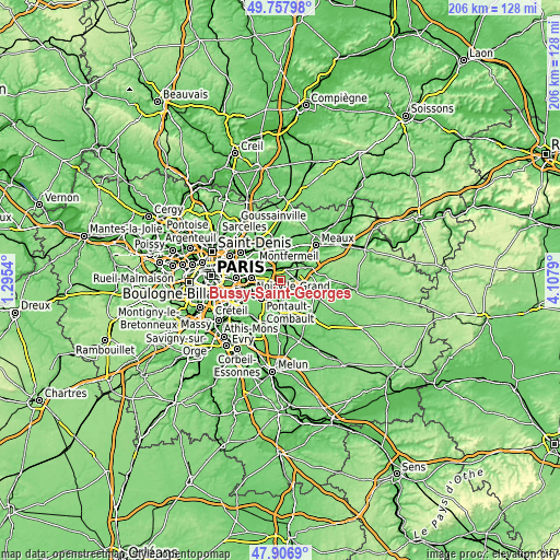 Topographic map of Bussy-Saint-Georges