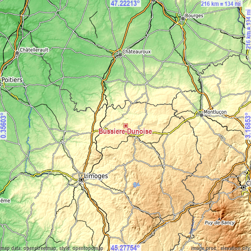 Topographic map of Bussière-Dunoise