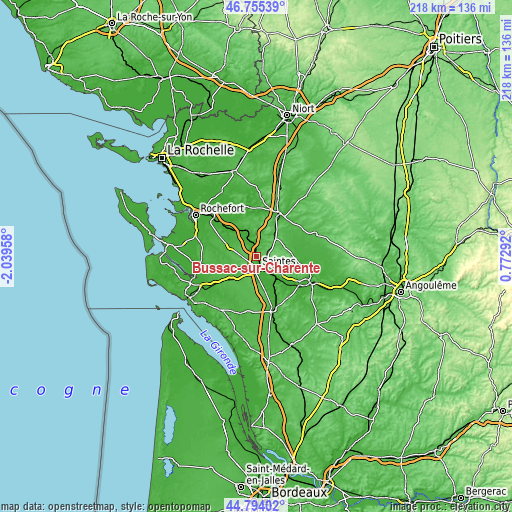 Topographic map of Bussac-sur-Charente