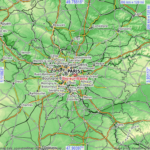 Topographic map of Bry-sur-Marne