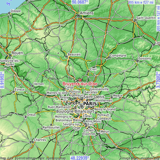 Topographic map of Bruyères-sur-Oise