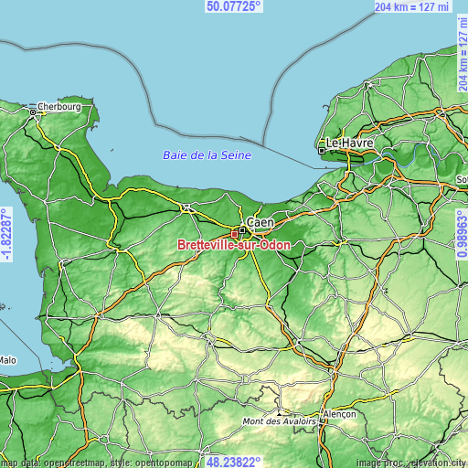 Topographic map of Bretteville-sur-Odon