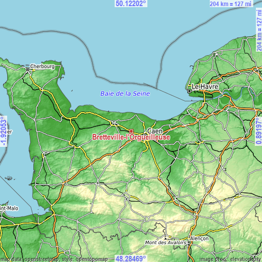 Topographic map of Bretteville-l’Orgueilleuse