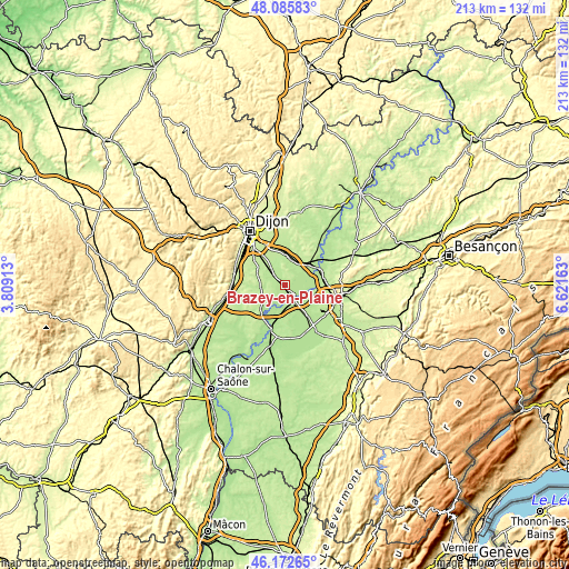 Topographic map of Brazey-en-Plaine