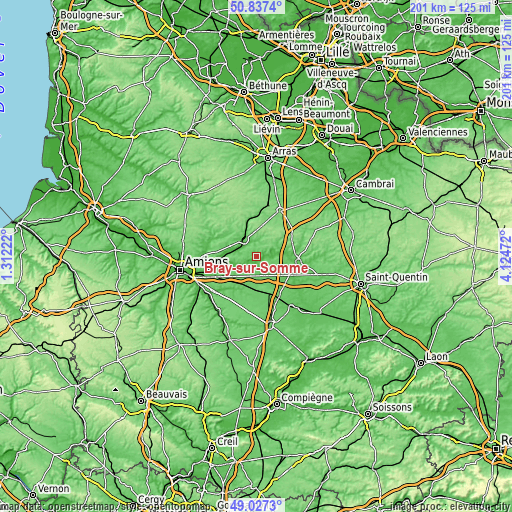 Topographic map of Bray-sur-Somme