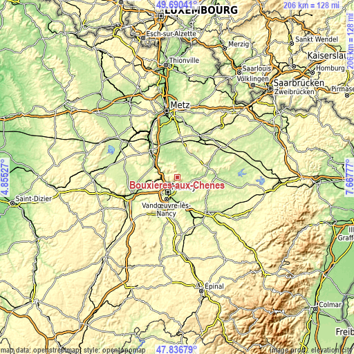 Topographic map of Bouxières-aux-Chênes