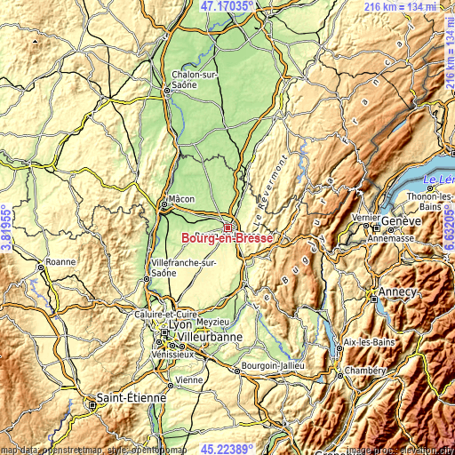 Topographic map of Bourg-en-Bresse