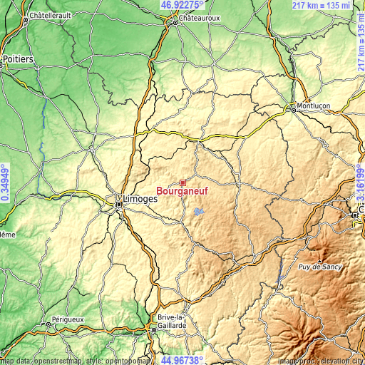 Topographic map of Bourganeuf