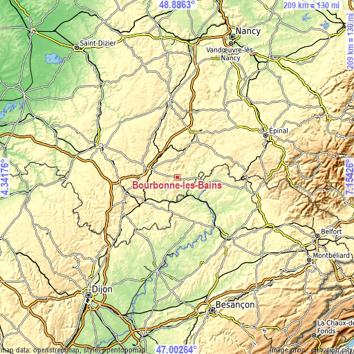 Topographic map of Bourbonne-les-Bains