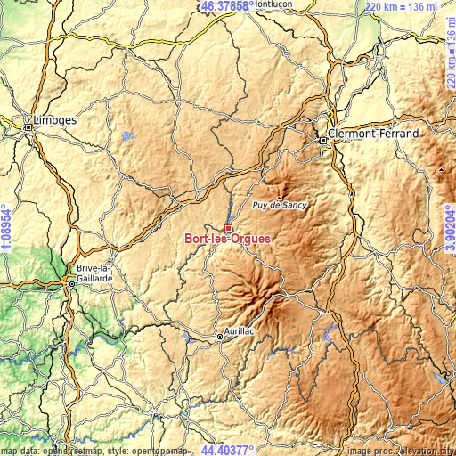 Topographic map of Bort-les-Orgues