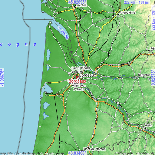 Topographic map of Bordeaux