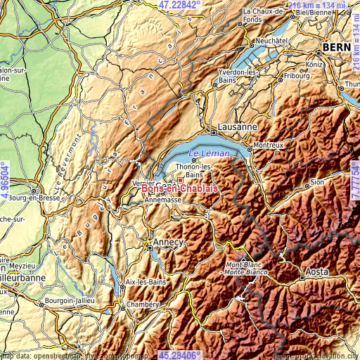 Topographic map of Bons-en-Chablais