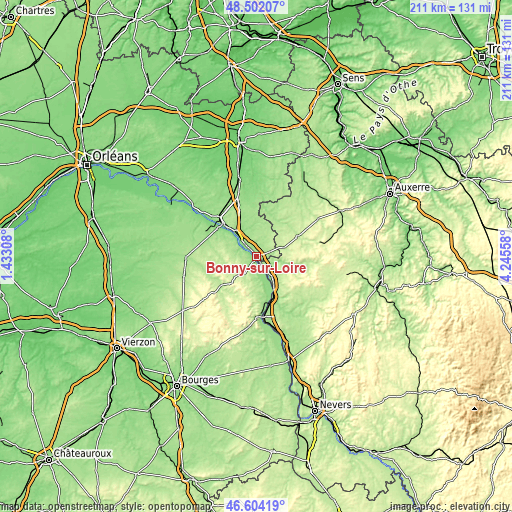 Topographic map of Bonny-sur-Loire