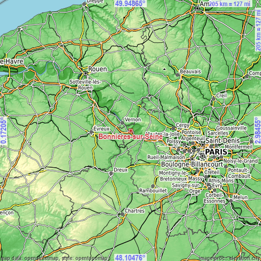 Topographic map of Bonnières-sur-Seine