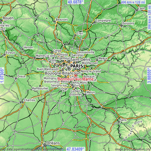 Topographic map of Bonneuil-sur-Marne