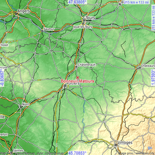 Topographic map of Bonneuil-Matours