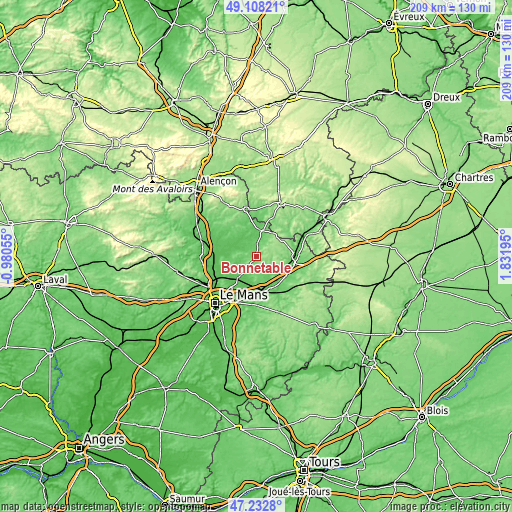 Topographic map of Bonnétable