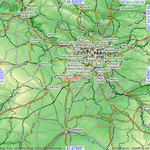 Topographic map of Bonnelles