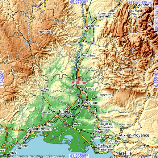 Topographic map of Bollène