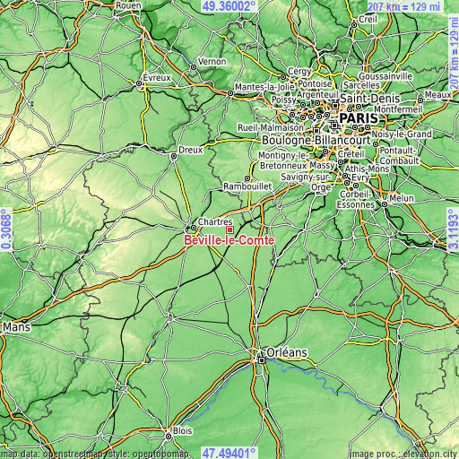 Topographic map of Béville-le-Comte