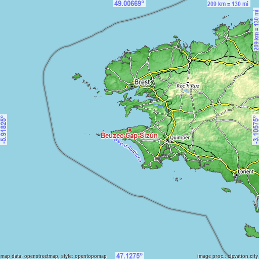 Topographic map of Beuzec-Cap-Sizun