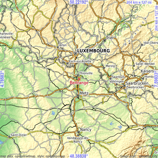 Topographic map of Bertrange