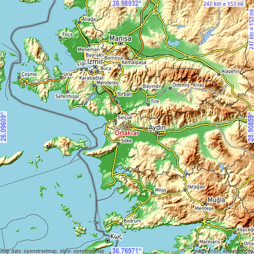 Topographic map of Ortaklar