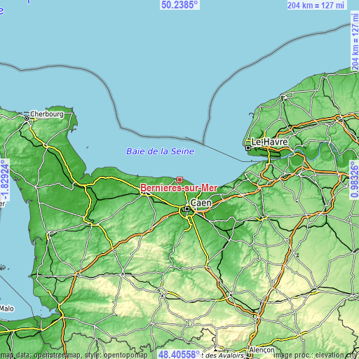 Topographic map of Bernières-sur-Mer