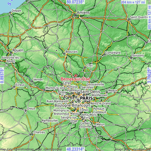 Topographic map of Bernes-sur-Oise