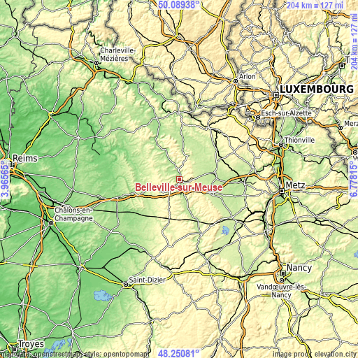 Topographic map of Belleville-sur-Meuse