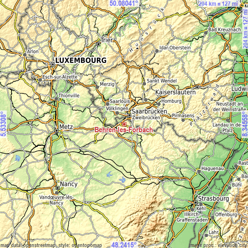 Topographic map of Behren-lès-Forbach