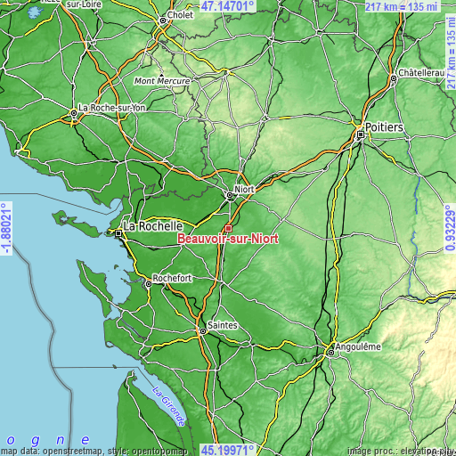 Topographic map of Beauvoir-sur-Niort