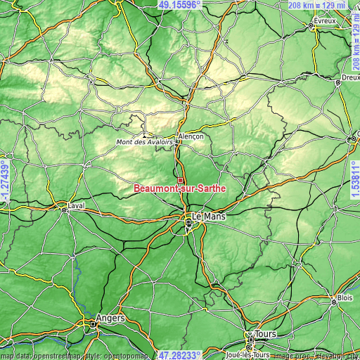 Topographic map of Beaumont-sur-Sarthe