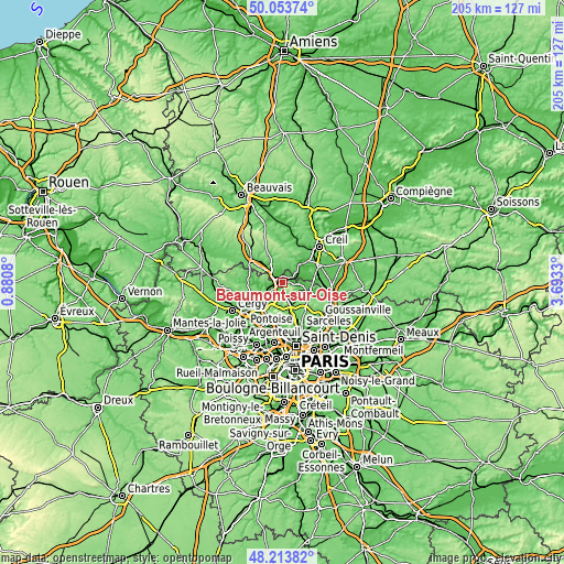 Topographic map of Beaumont-sur-Oise