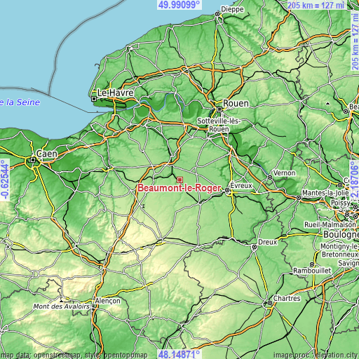 Topographic map of Beaumont-le-Roger